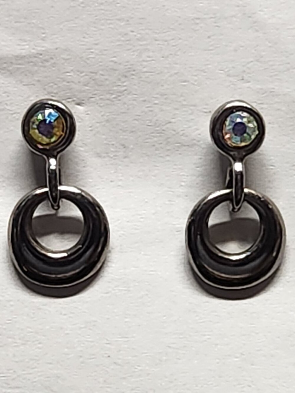 Black Gunmetal Geometric Circle Drop Earrings AB Rhinestones